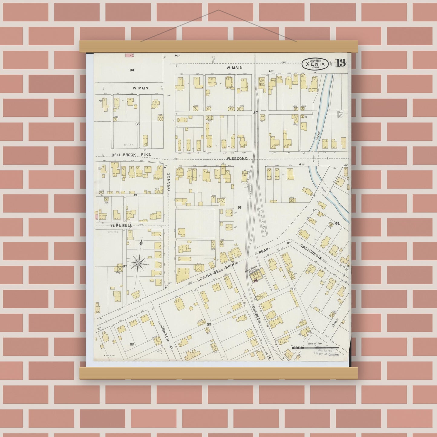 Old map wall art mockup — magnetic wood frame on brick wall — Sanborn Fire Insurance Map from Xenia, Greene County, Ohio (1895), Sheet #0013