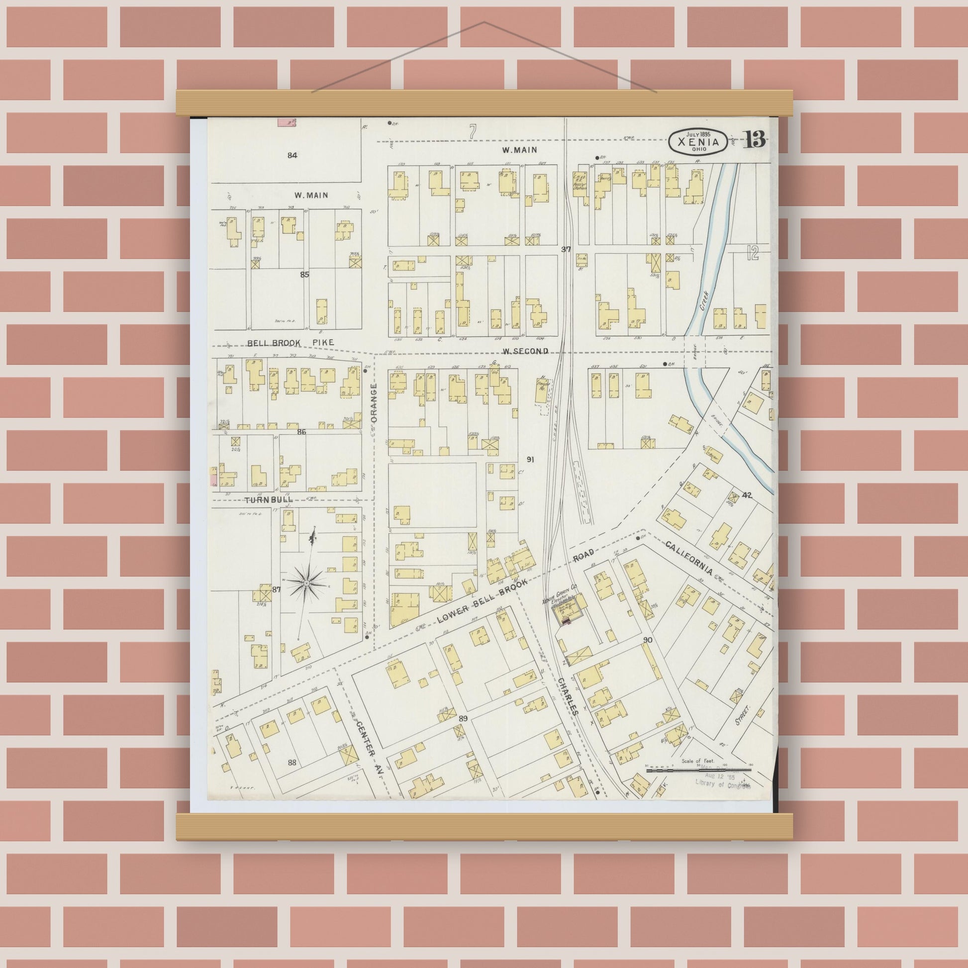 Old map wall art mockup — magnetic wood frame on brick wall — Sanborn Fire Insurance Map from Xenia, Greene County, Ohio (1895), Sheet #0013