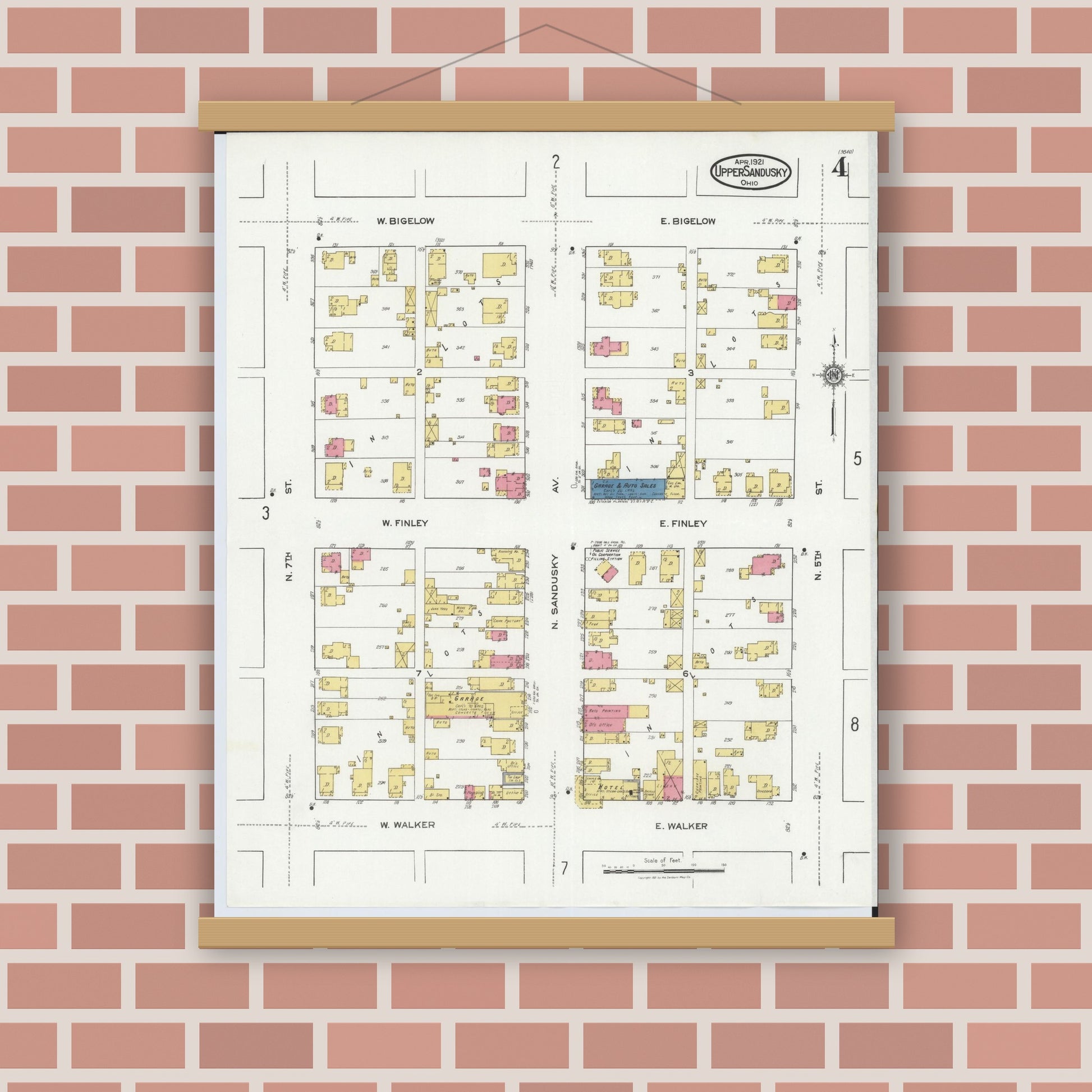 Old map wall art mockup — magnetic wood frame on brick wall — Sanborn Fire Insurance Map from Upper Sandusky, Wyandot County, Ohio (1921), Sheet #0004