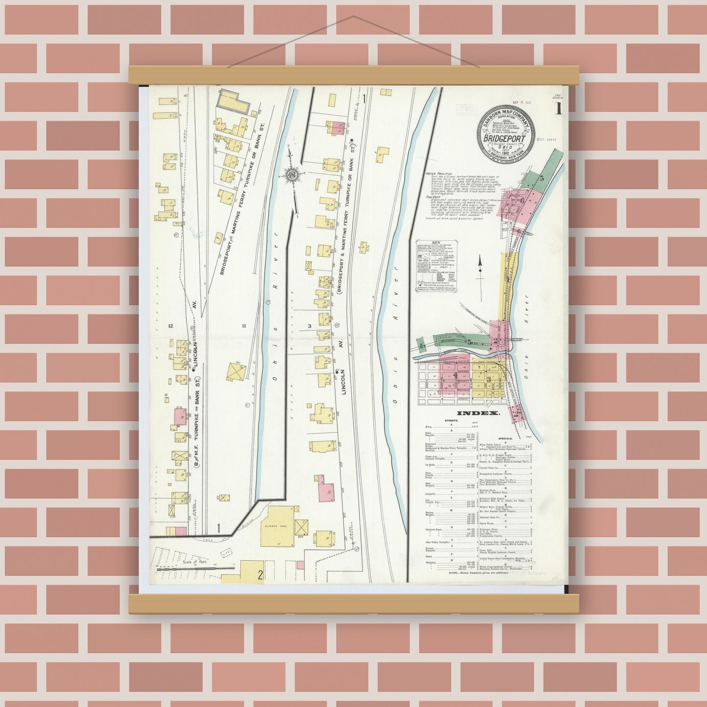 Old map wall art mockup — magnetic wood frame on brick wall — Sanborn Fire Insurance Map from Bridgeport, Belmont County, Ohio (1910), Sheet #0001