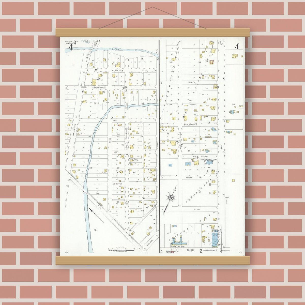 Old map wall art mockup — magnetic wood frame on brick wall — Sanborn Fire Insurance Map from Boerne, Kendall County, Texas (1937), Sheet #0004
