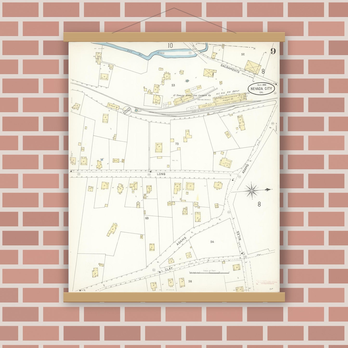 Old map wall art mockup — magnetic wood frame on brick wall — Sanborn Fire Insurance Map from Nevada City, Nevada County, California (1898), Sheet #0009