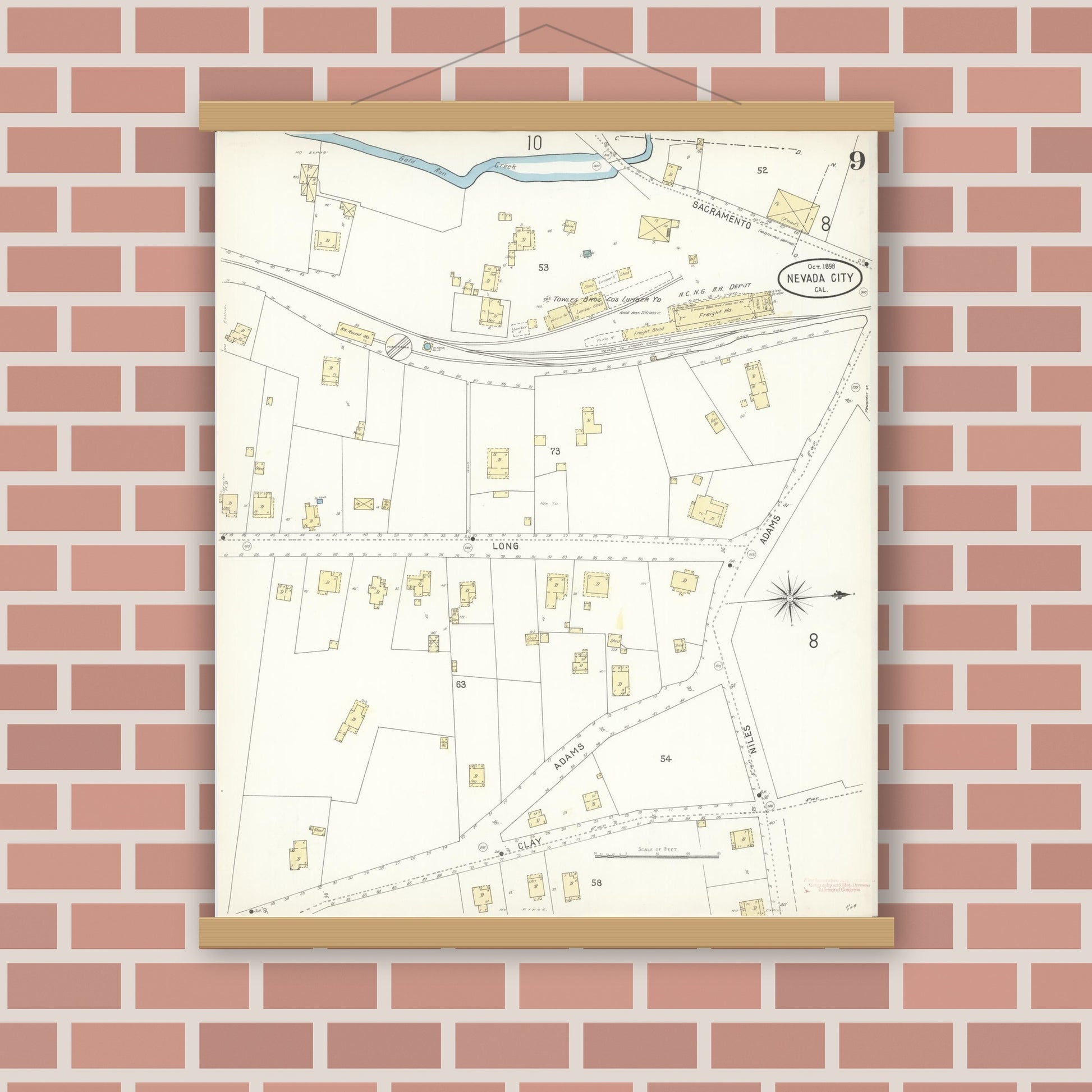 Old map wall art mockup — magnetic wood frame on brick wall — Sanborn Fire Insurance Map from Nevada City, Nevada County, California (1898), Sheet #0009
