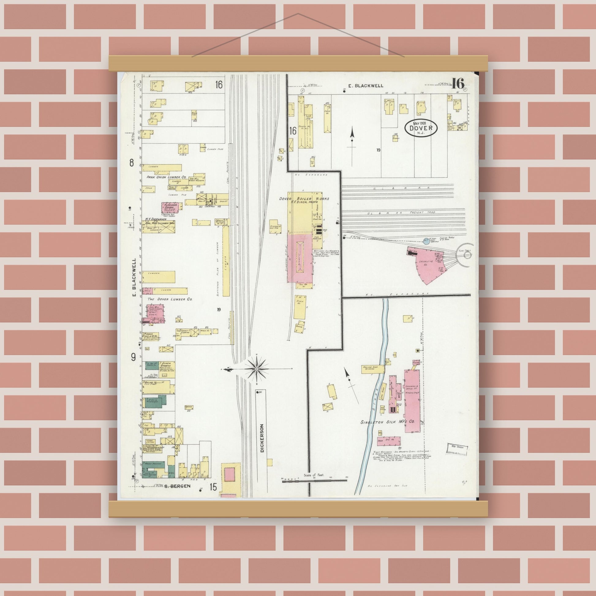 Old map wall art mockup — magnetic wood frame on brick wall — Sanborn Fire Insurance Map from Dover, Morris County, New Jersey (1909), Sheet #0016
