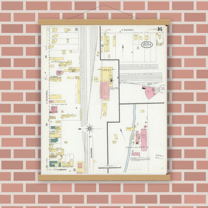 Old map wall art mockup — magnetic wood frame on brick wall — Sanborn Fire Insurance Map from Dover, Morris County, New Jersey (1909), Sheet #0016
