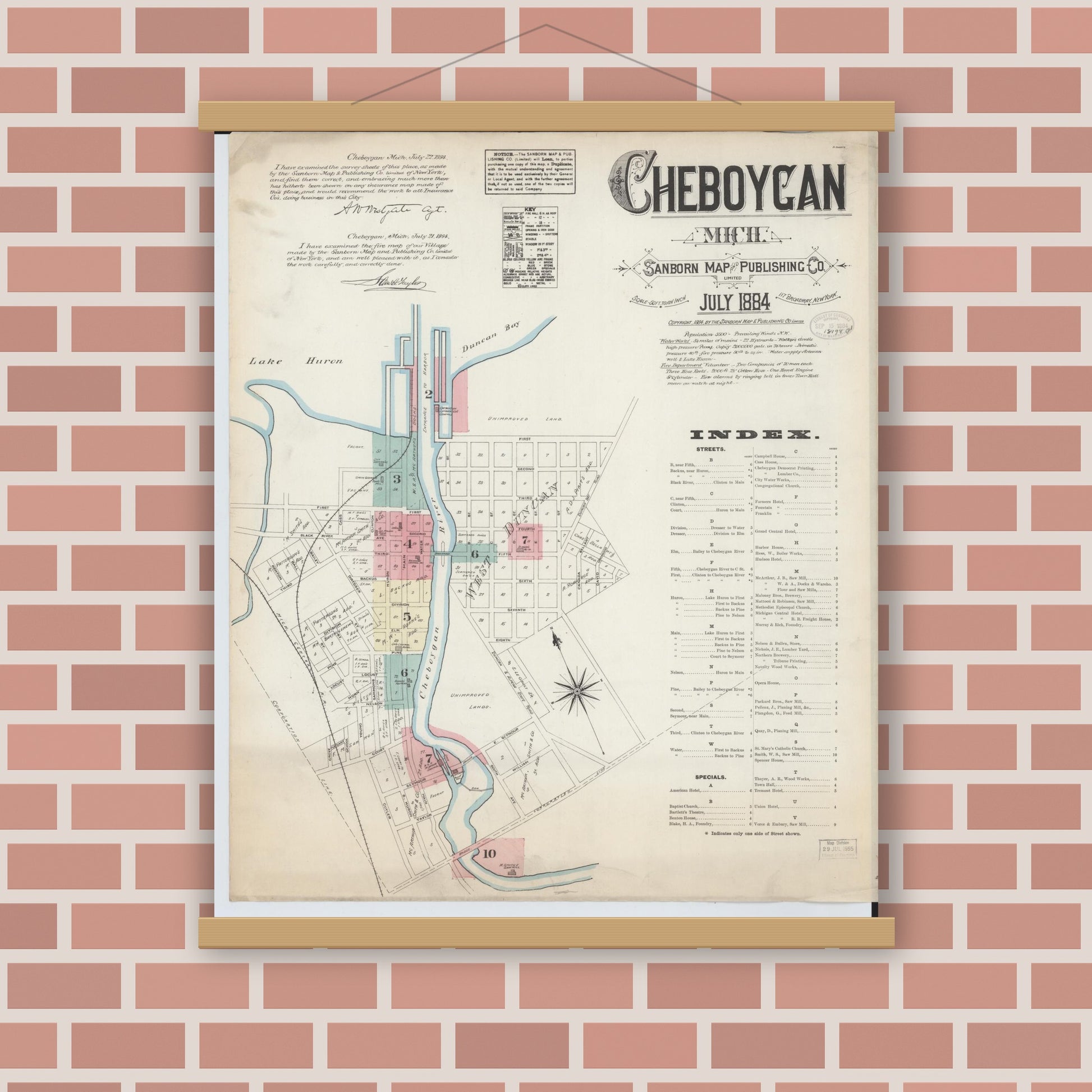 Old map wall art mockup — magnetic wood frame on brick wall — Sanborn Fire Insurance Map from Cheboygan, Cheboygan County, Michigan (1884), Sheet #0001