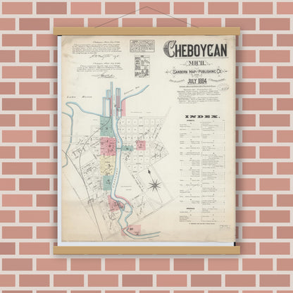 Old map wall art mockup — magnetic wood frame on brick wall — Sanborn Fire Insurance Map from Cheboygan, Cheboygan County, Michigan (1884), Sheet #0001