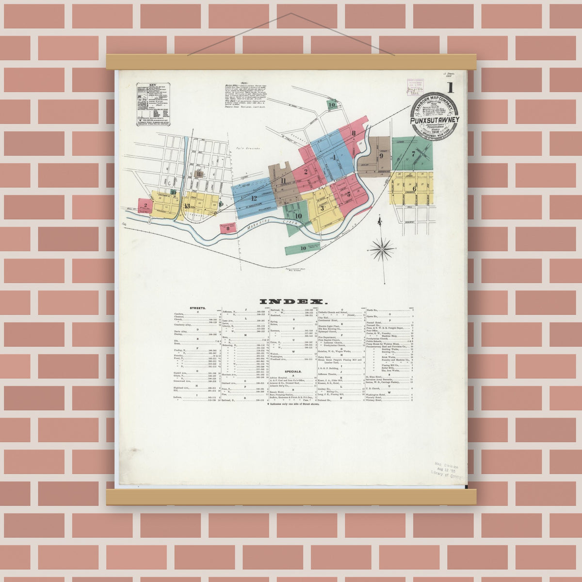 Old map wall art mockup — magnetic wood frame on brick wall — Sanborn Fire Insurance Map from Punxsutawney, Jefferson County, Pennsylvania (1906) - Complete Map Set