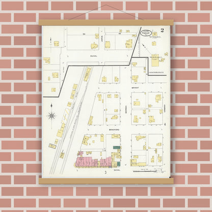 Old map wall art mockup — magnetic wood frame on brick wall — Sanborn Fire Insurance Map from Troup, Smith County, Texas (1909), Sheet #0002