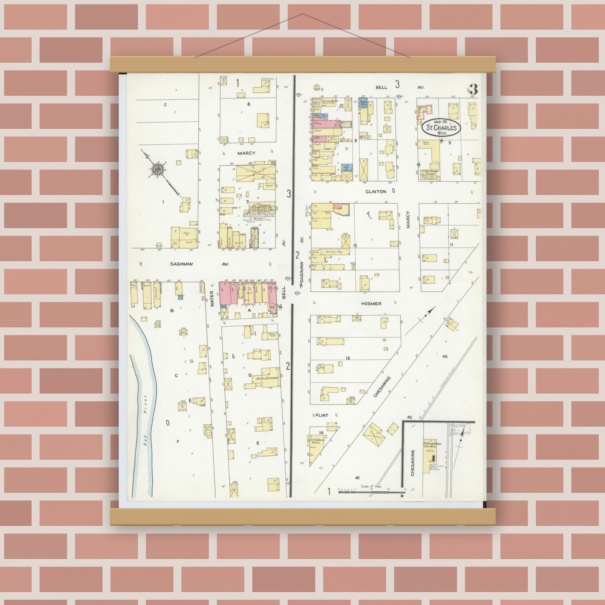 Old map wall art mockup — magnetic wood frame on brick wall — Sanborn Fire Insurance Map from Saint Charles, Saginaw County, Michigan (1911), Sheet #0003