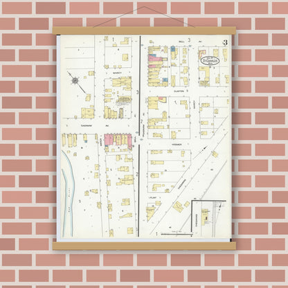 Old map wall art mockup — magnetic wood frame on brick wall — Sanborn Fire Insurance Map from Saint Charles, Saginaw County, Michigan (1911), Sheet #0003