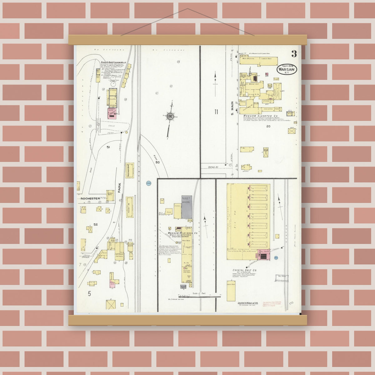 Old map wall art mockup — magnetic wood frame on brick wall — Sanborn Fire Insurance Map from Warsaw, Wyoming County, New York (1909), Sheet #0003