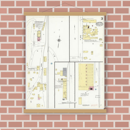 Old map wall art mockup — magnetic wood frame on brick wall — Sanborn Fire Insurance Map from Warsaw, Wyoming County, New York (1909), Sheet #0003