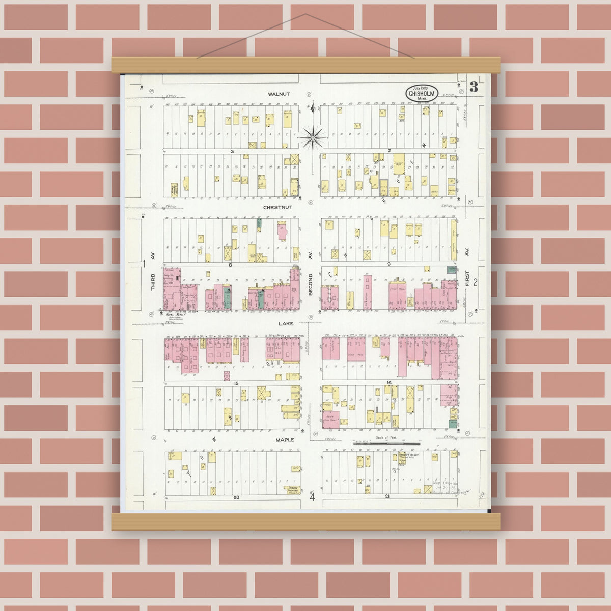 Old map wall art mockup — magnetic wood frame on brick wall — Sanborn Fire Insurance Map from Chisholm, Saint Louis County, Minnesota (1909), Sheet #0003