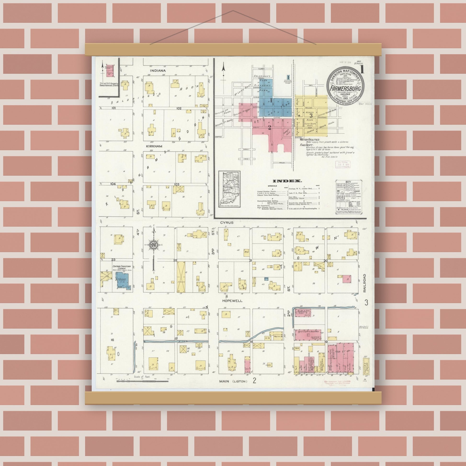 Old map wall art mockup — magnetic wood frame on brick wall — Sanborn Fire Insurance Map from Farmersburg, Sullivan County, Indiana (1913) - Complete Map Set