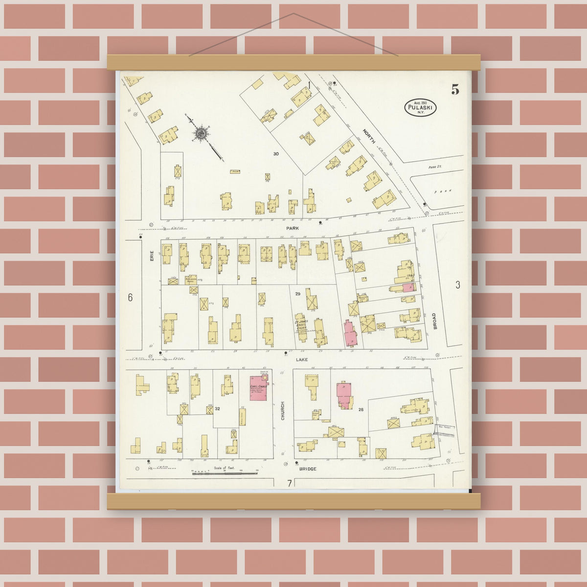 Old map wall art mockup — magnetic wood frame on brick wall — Sanborn Fire Insurance Map from Pulaski, Oswego County, New York (1911), Sheet #0005