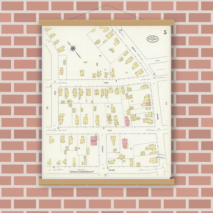 Old map wall art mockup — magnetic wood frame on brick wall — Sanborn Fire Insurance Map from Pulaski, Oswego County, New York (1911), Sheet #0005