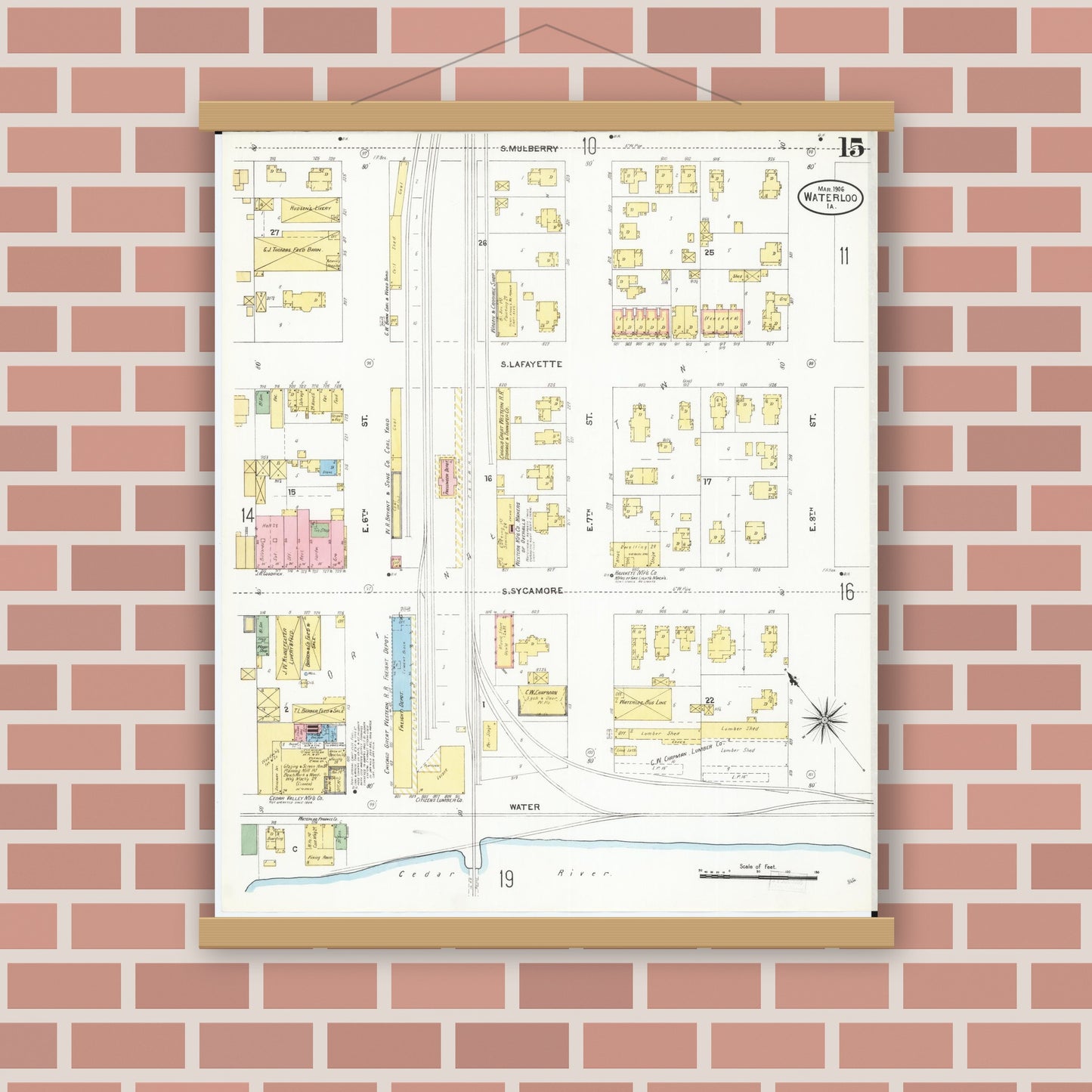 Old map wall art mockup — magnetic wood frame on brick wall — Sanborn Fire Insurance Map from Waterloo, Black Hawk County, Iowa (1906), Sheet #0015