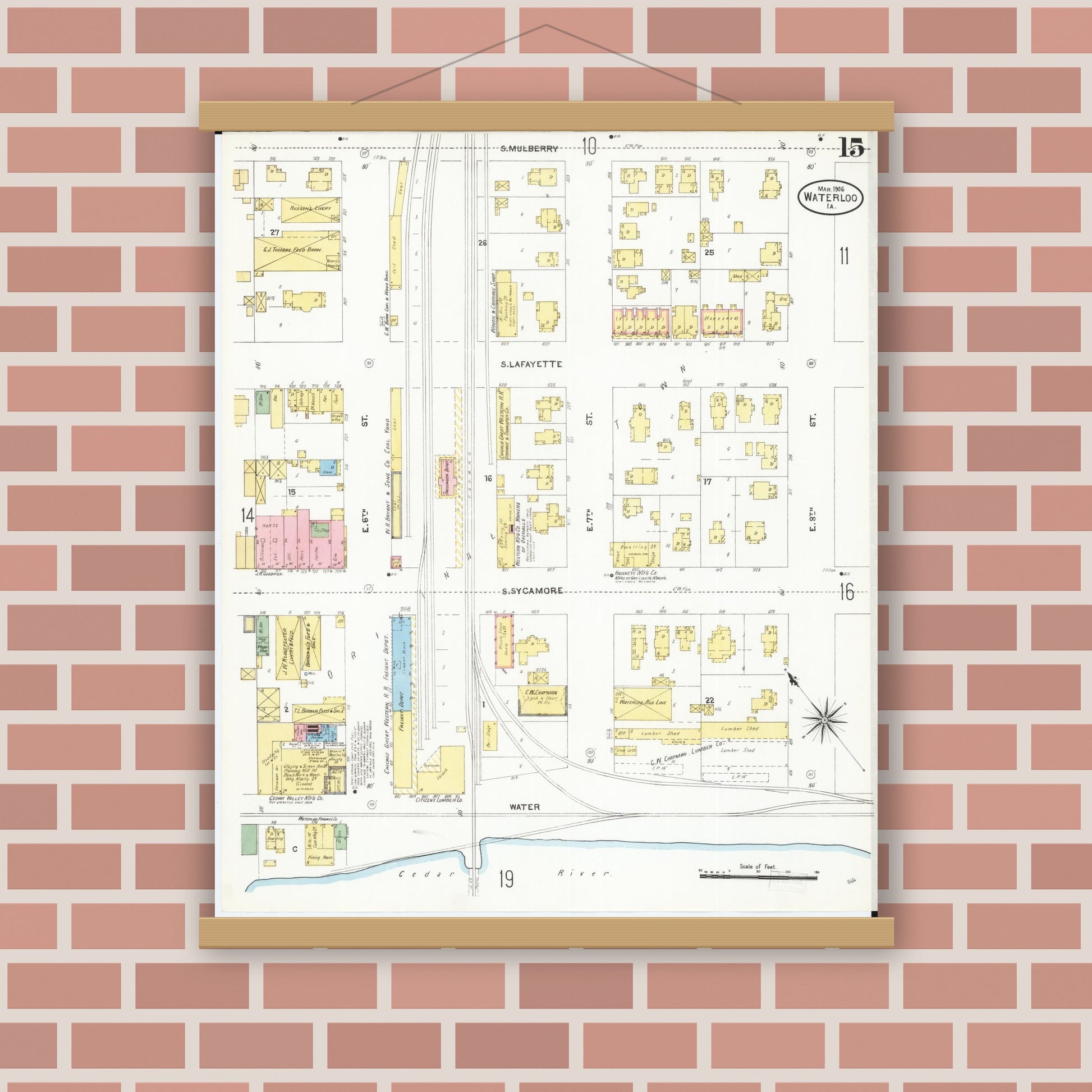 Old map wall art mockup — magnetic wood frame on brick wall — Sanborn Fire Insurance Map from Waterloo, Black Hawk County, Iowa (1906), Sheet #0015