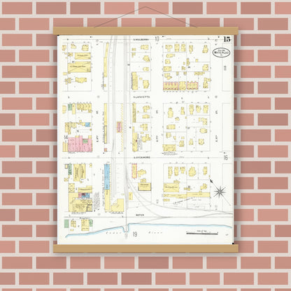 Old map wall art mockup — magnetic wood frame on brick wall — Sanborn Fire Insurance Map from Waterloo, Black Hawk County, Iowa (1906), Sheet #0015