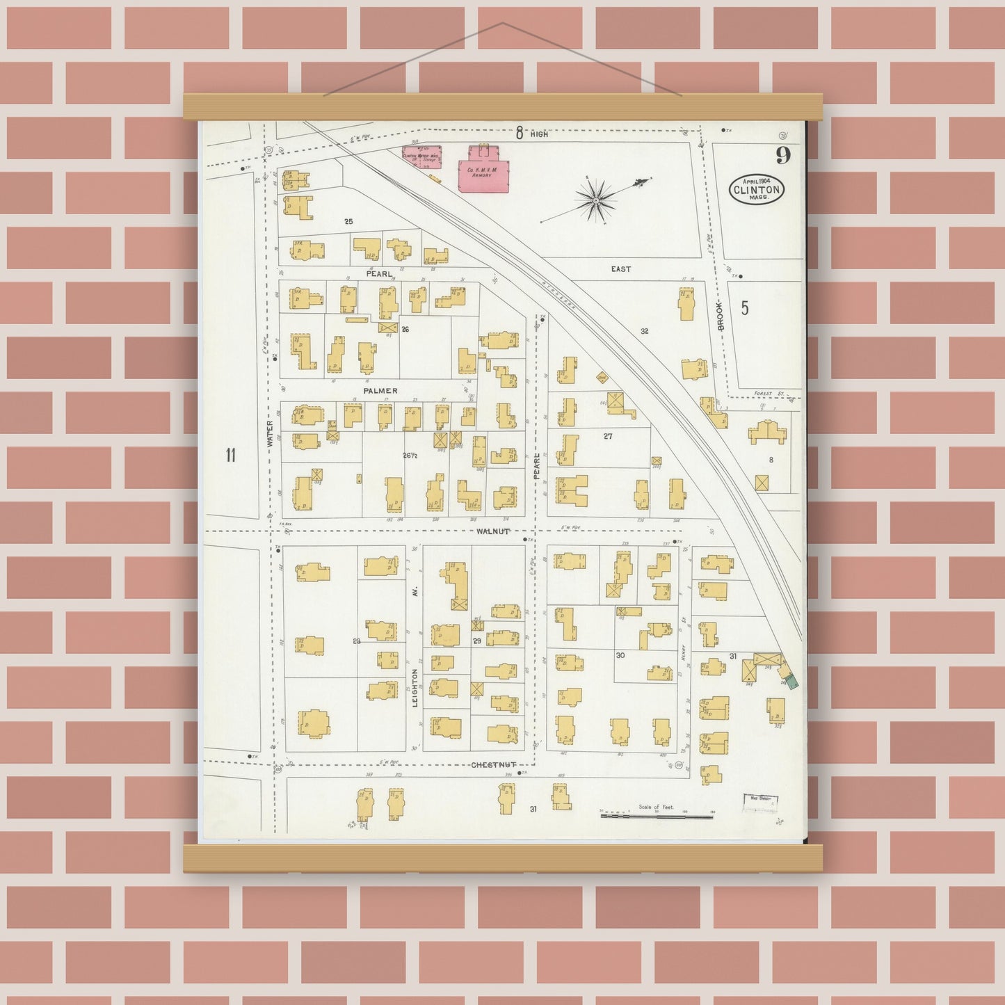 Old map wall art mockup — magnetic wood frame on brick wall — Sanborn Fire Insurance Map from Clinton, Worcester County, Massachusetts (1904), Sheet #0009