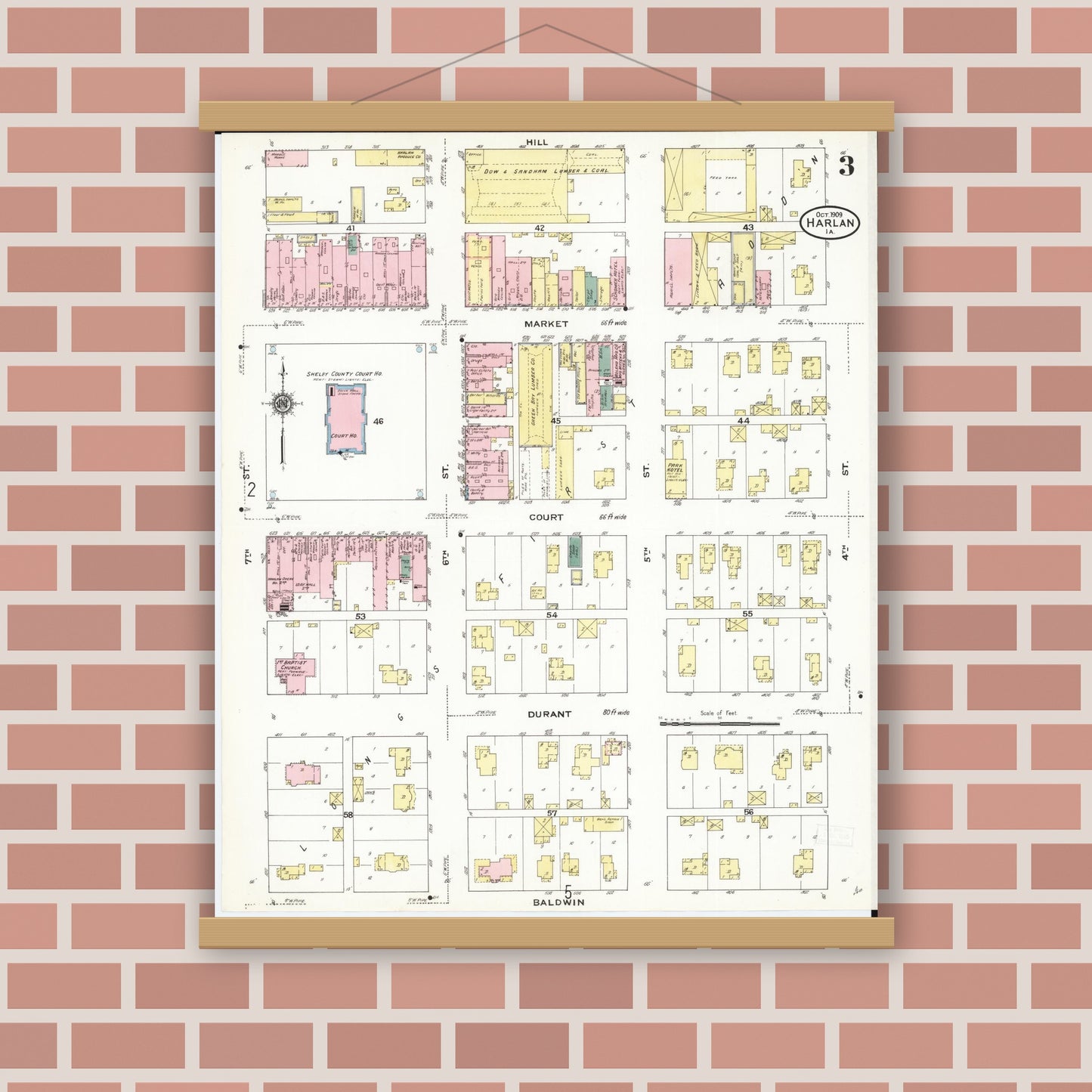 Old map wall art mockup — magnetic wood frame on brick wall — Sanborn Fire Insurance Map from Harlan, Shelby County, Iowa (1909), Sheet #0003