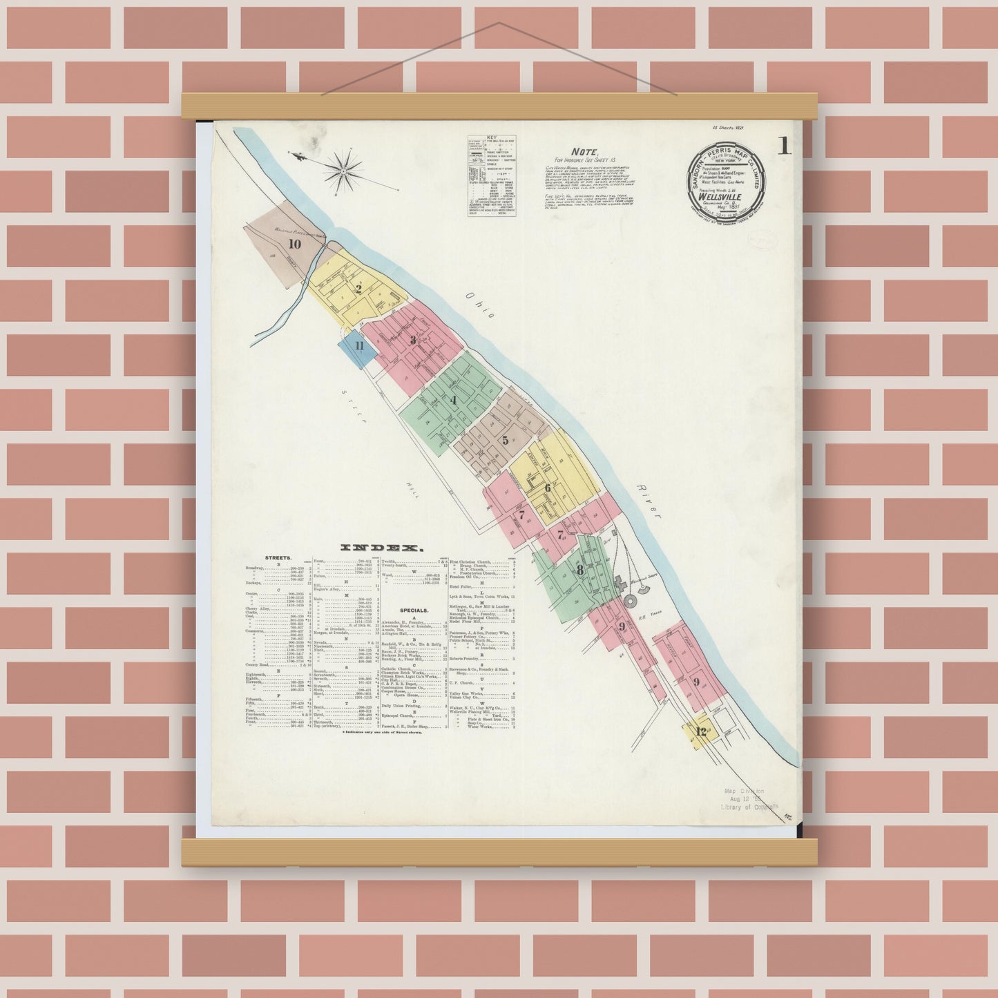 Old map wall art mockup — magnetic wood frame on brick wall — Sanborn Fire Insurance Map from Wellsville, Columbiana County, Ohio (1897), Sheet #0001