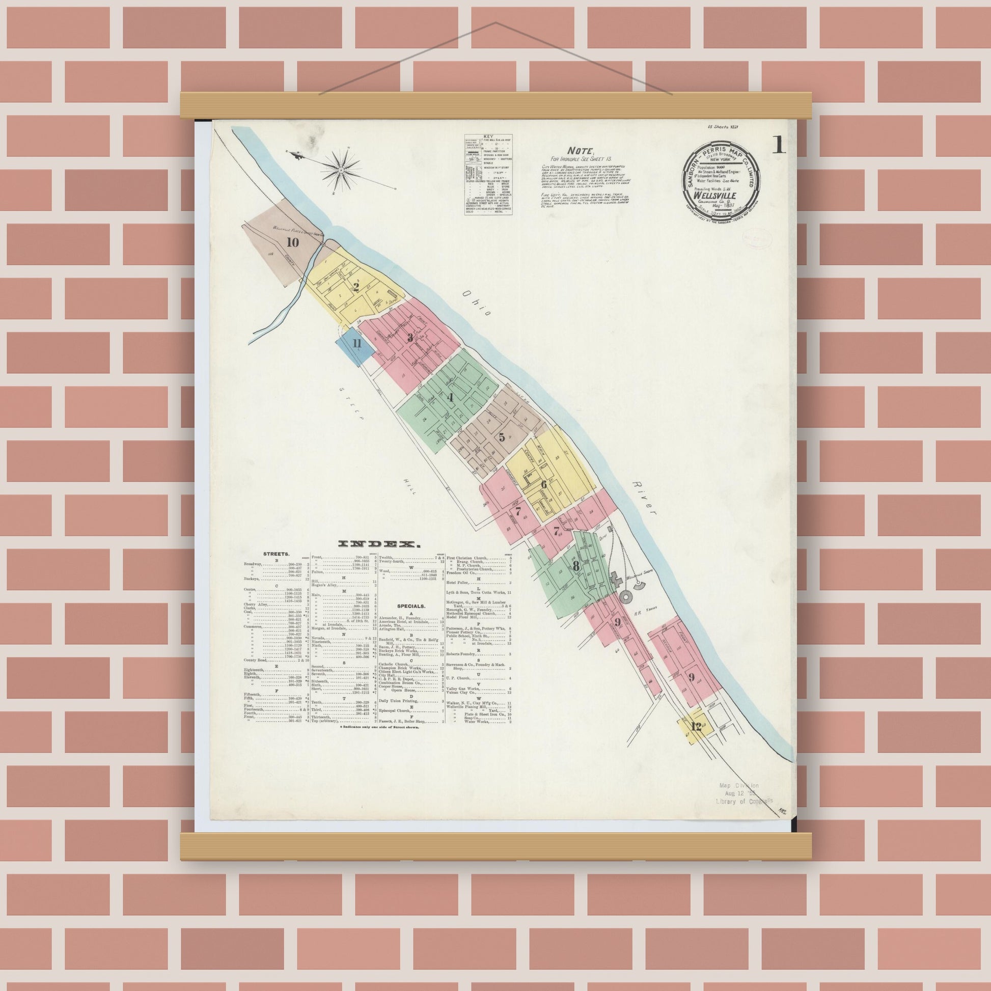 Old map wall art mockup — magnetic wood frame on brick wall — Sanborn Fire Insurance Map from Wellsville, Columbiana County, Ohio (1897), Sheet #0001