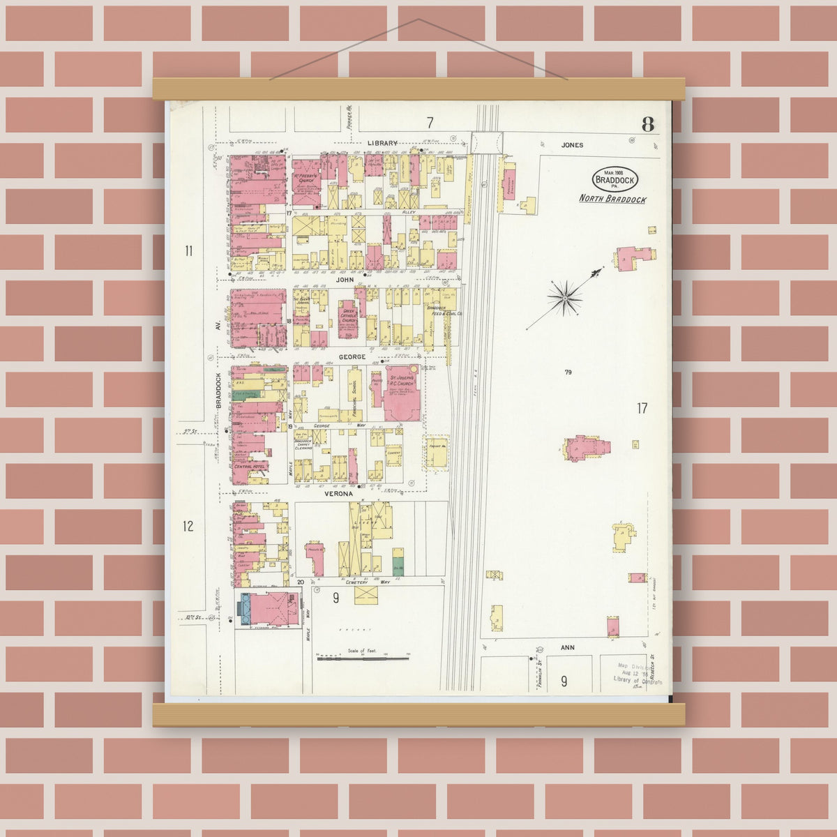 Old map wall art mockup — magnetic wood frame on brick wall — Sanborn Fire Insurance Map from Braddock, Allegheny County, Pennsylvania (1908), Sheet #0008
