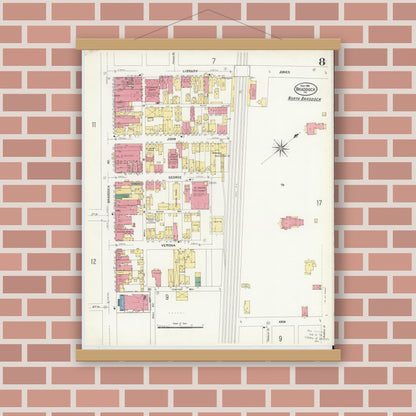 Old map wall art mockup — magnetic wood frame on brick wall — Sanborn Fire Insurance Map from Braddock, Allegheny County, Pennsylvania (1908), Sheet #0008