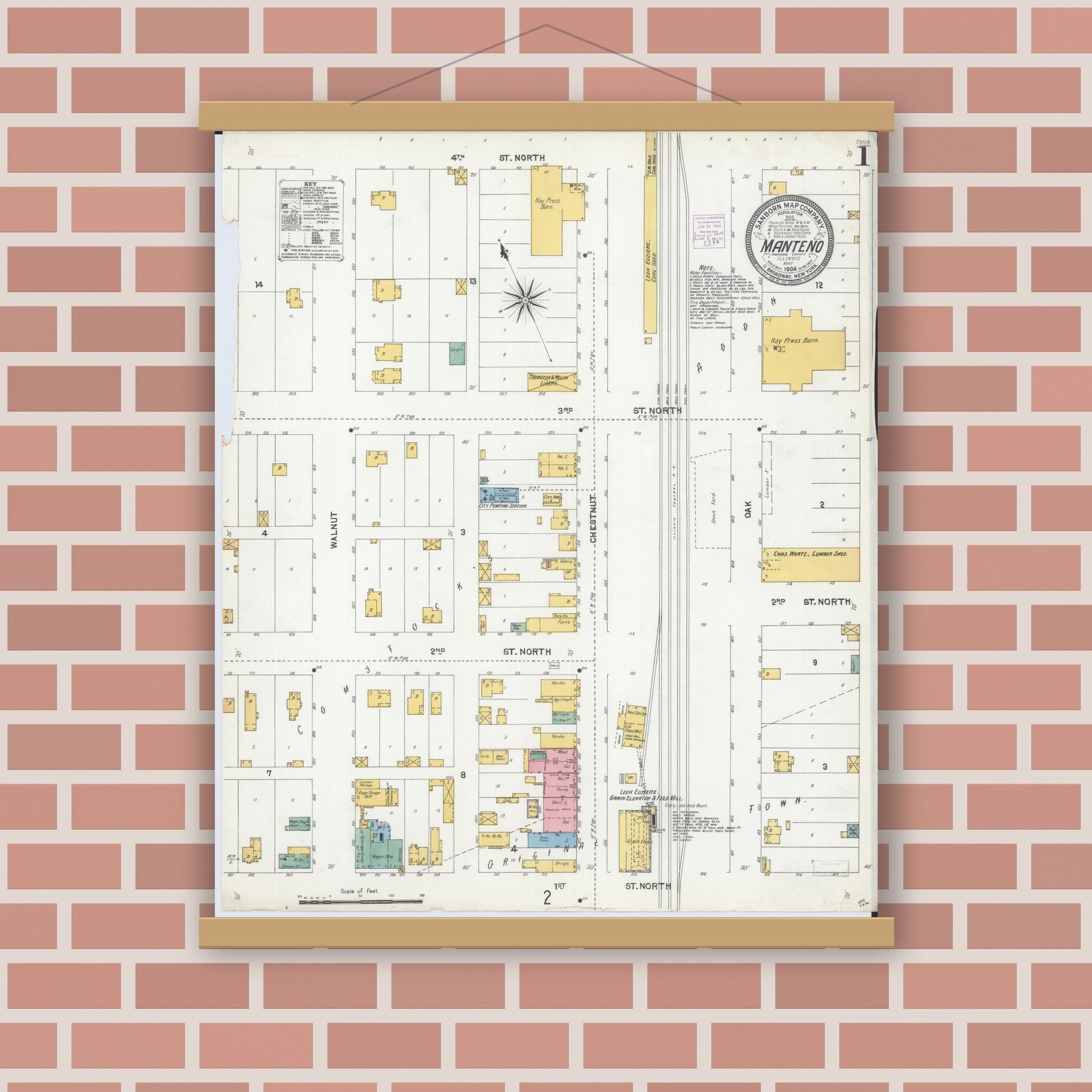 Old map wall art mockup — magnetic wood frame on brick wall — Sanborn Fire Insurance Map from Manteno, Kankakee County, Illinois (1904) - Complete Map Set