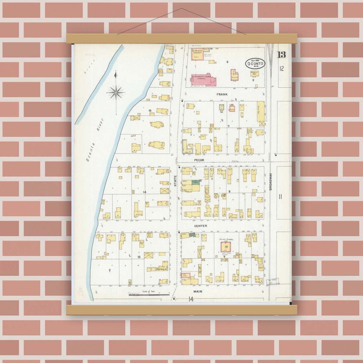 Old map wall art mockup — magnetic wood frame on brick wall — Sanborn Fire Insurance Map from Oconto, Oconto County, Wisconsin (1904), Sheet #0013
