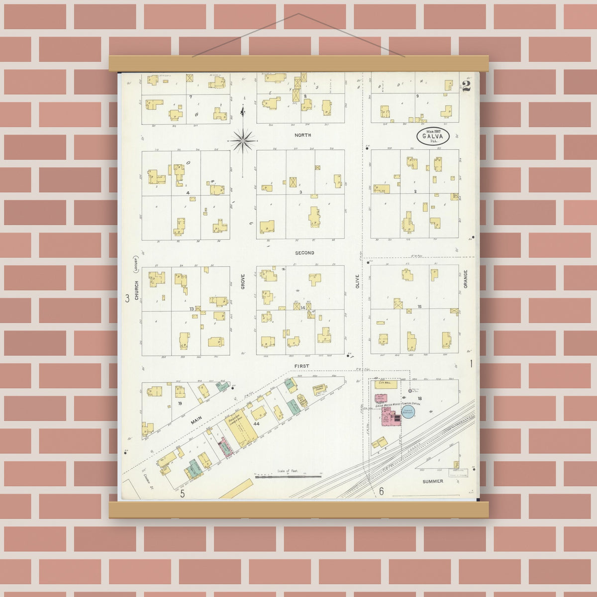 Old map wall art mockup — magnetic wood frame on brick wall — Sanborn Fire Insurance Map from Galva, Henry County, Illinois (1907), Sheet #0002