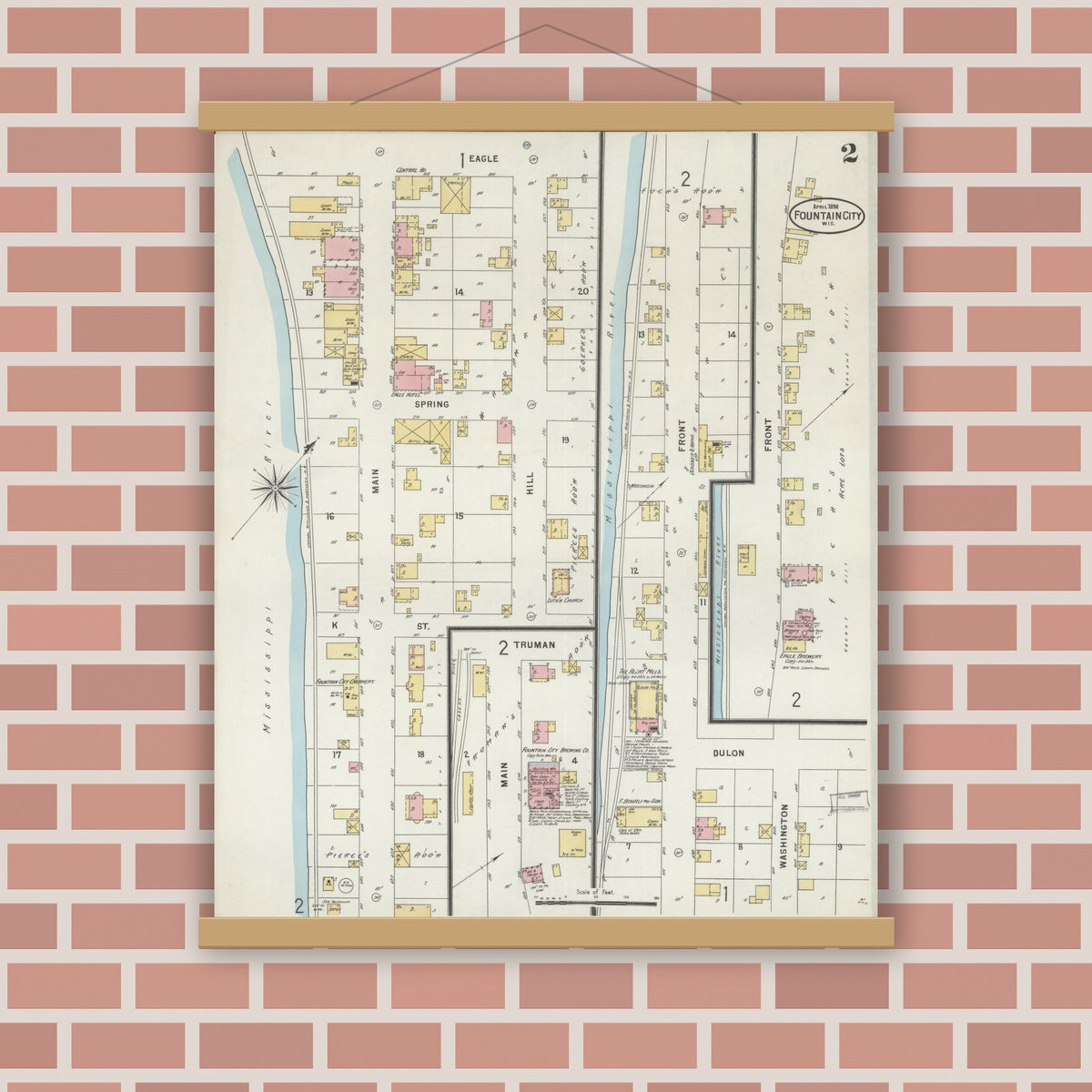 Old map wall art mockup — magnetic wood frame on brick wall — Sanborn Fire Insurance Map from Fountain City, Buffalo County, Wisconsin (1898), Sheet #0002