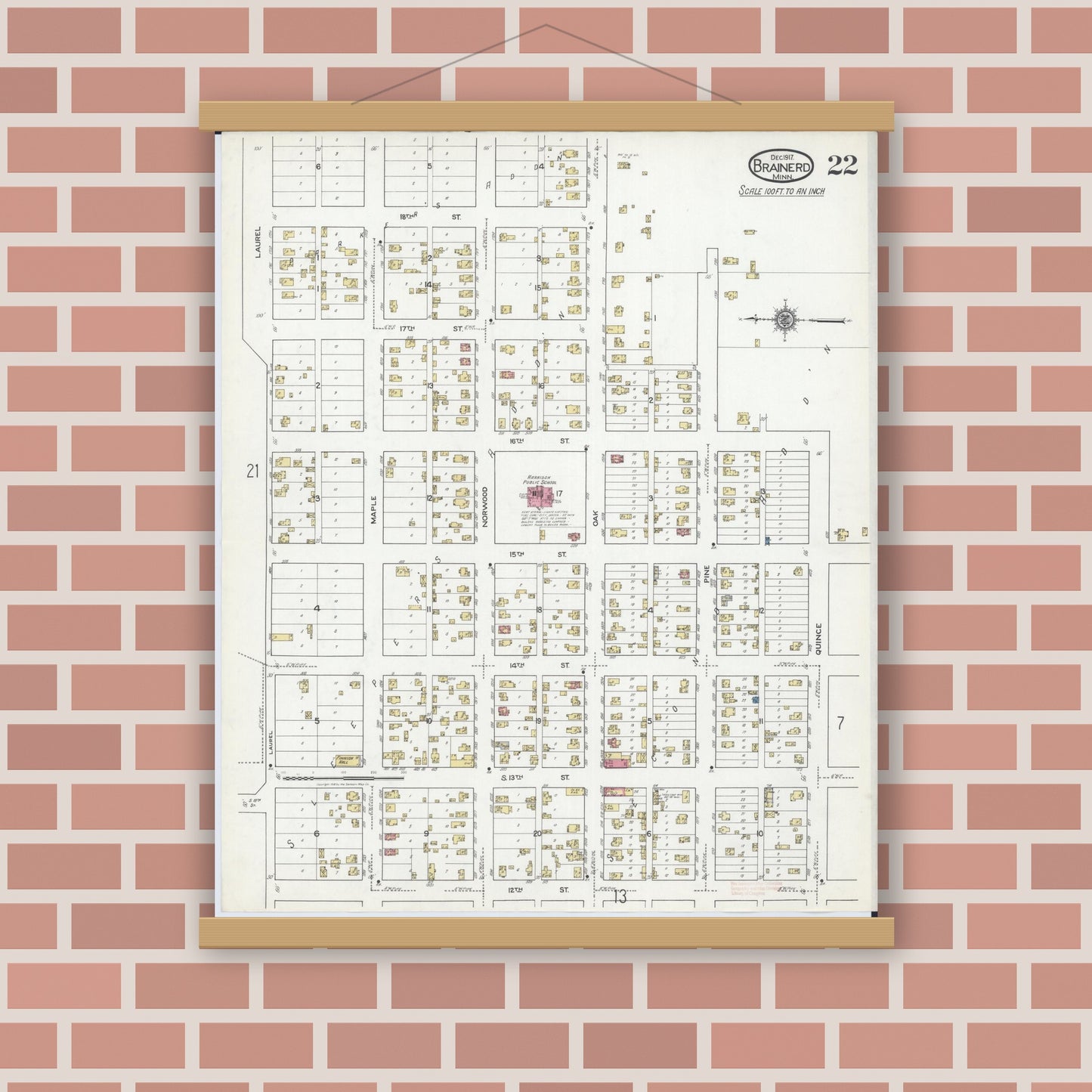 Old map wall art mockup — magnetic wood frame on brick wall — Sanborn Fire Insurance Map from Brainerd, Crow Wing County, Minnesota (1917), Sheet #0022