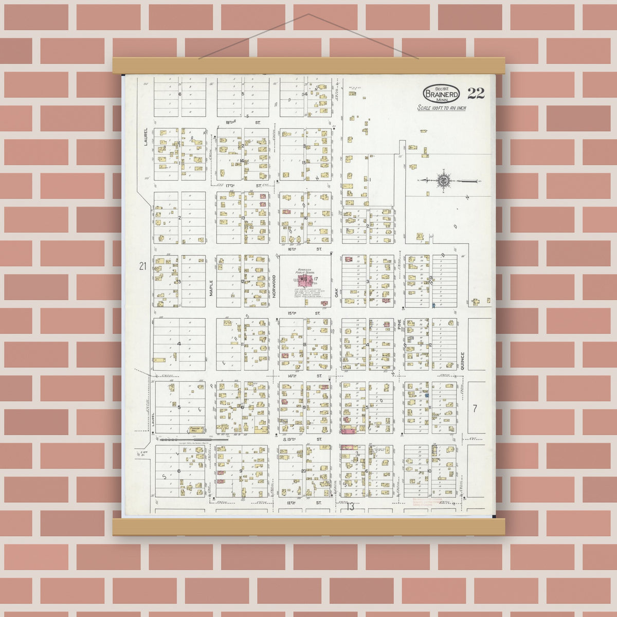 Old map wall art mockup — magnetic wood frame on brick wall — Sanborn Fire Insurance Map from Brainerd, Crow Wing County, Minnesota (1917), Sheet #0022