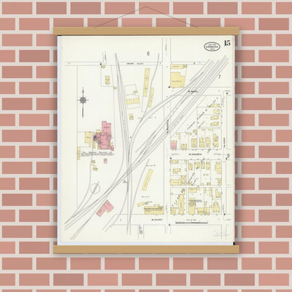 Old map wall art mockup — magnetic wood frame on brick wall — Sanborn Fire Insurance Map from Urbana, Champaign County, Ohio (1910), Sheet #0015