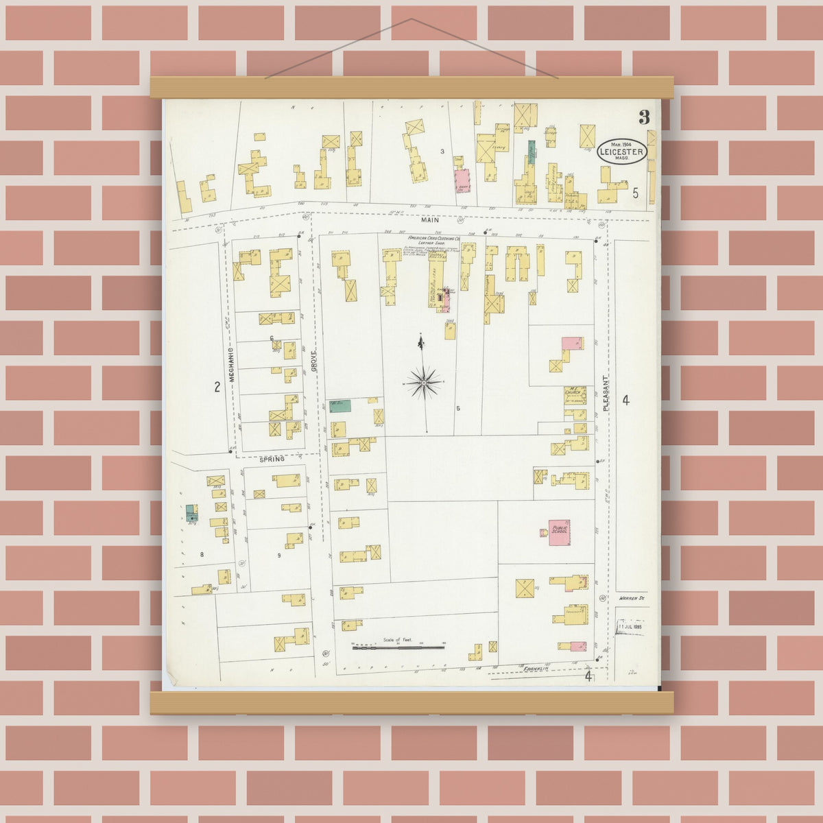 Old map wall art mockup — magnetic wood frame on brick wall — Sanborn Fire Insurance Map from Leicester, Worcester County, Massachusetts (1904), Sheet #0003