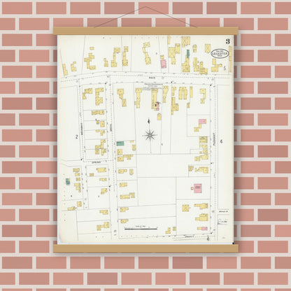 Old map wall art mockup — magnetic wood frame on brick wall — Sanborn Fire Insurance Map from Leicester, Worcester County, Massachusetts (1904), Sheet #0003