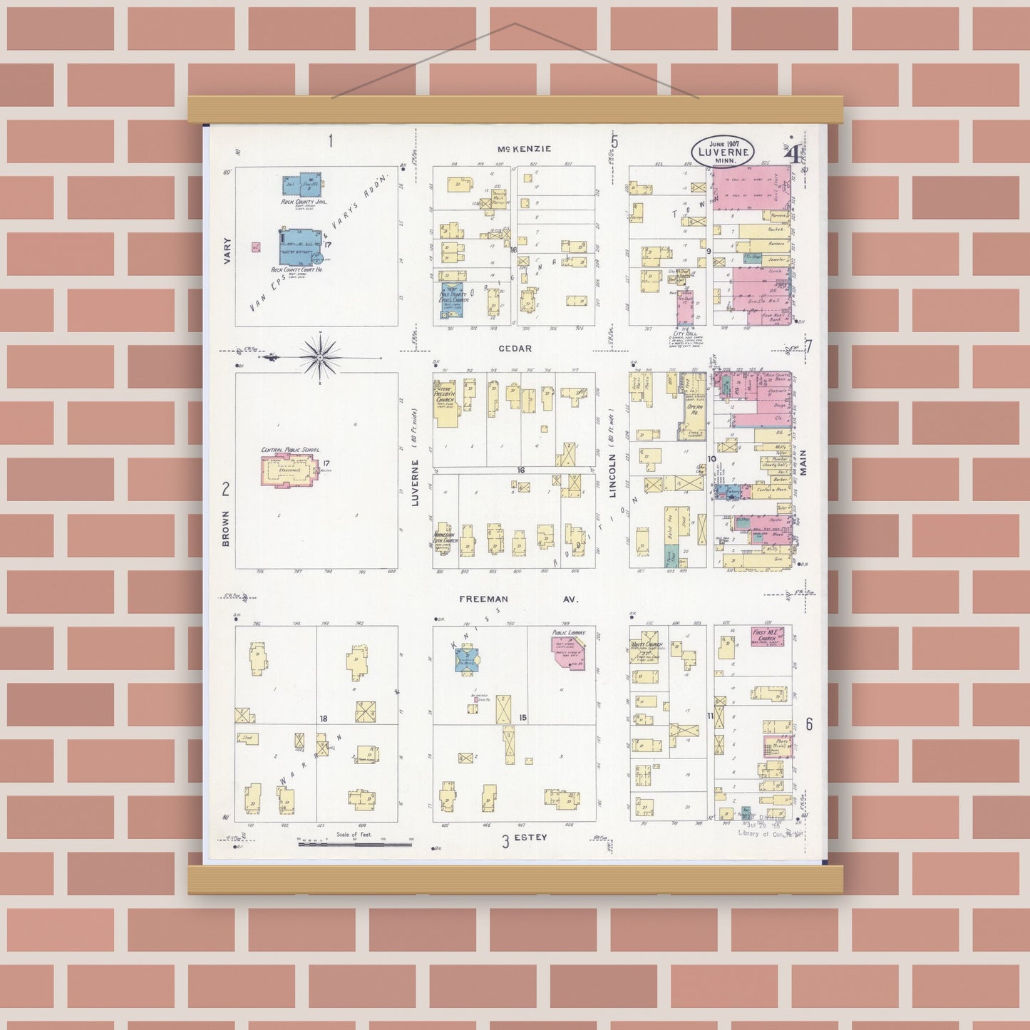Old map wall art mockup — magnetic wood frame on brick wall — Sanborn Fire Insurance Map from Luverne, Rock County, Minnesota (1907), Sheet #0004