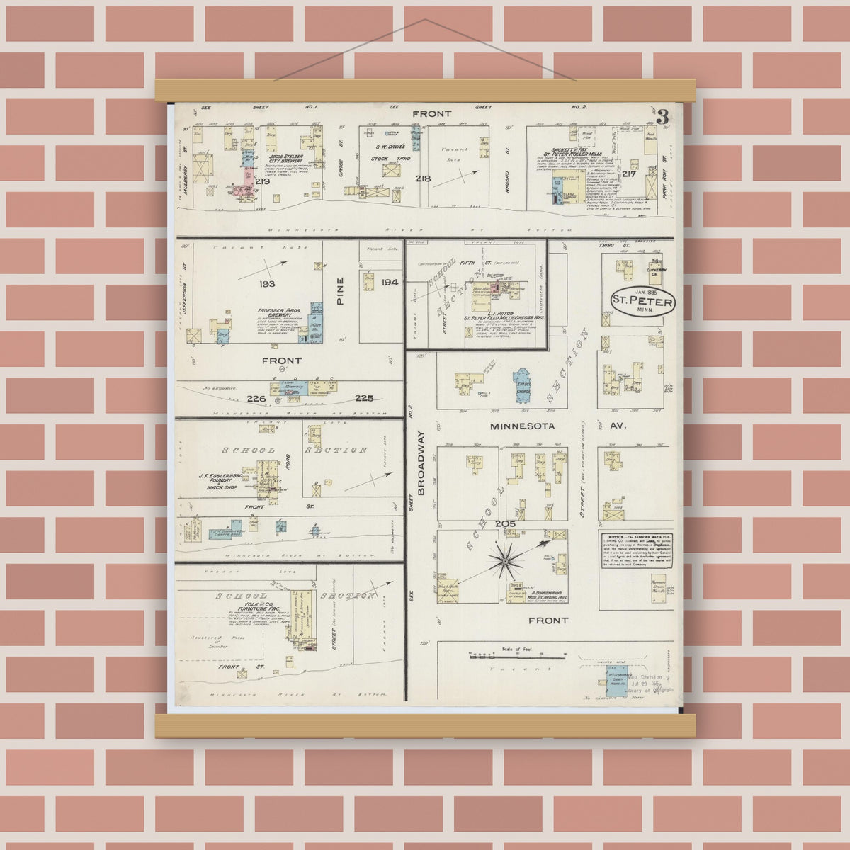Old map wall art mockup — magnetic wood frame on brick wall — Sanborn Fire Insurance Map from Saint Peter, Nicollet County, Minnesota (1885), Sheet #0003
