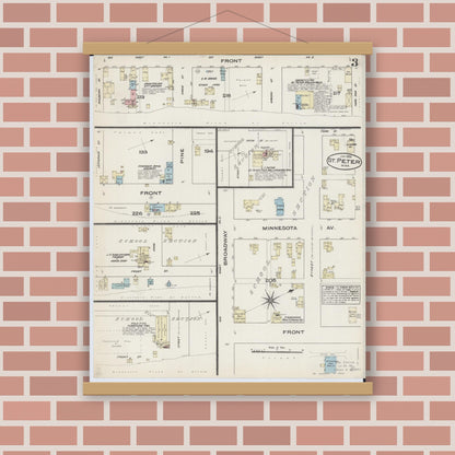 Old map wall art mockup — magnetic wood frame on brick wall — Sanborn Fire Insurance Map from Saint Peter, Nicollet County, Minnesota (1885), Sheet #0003