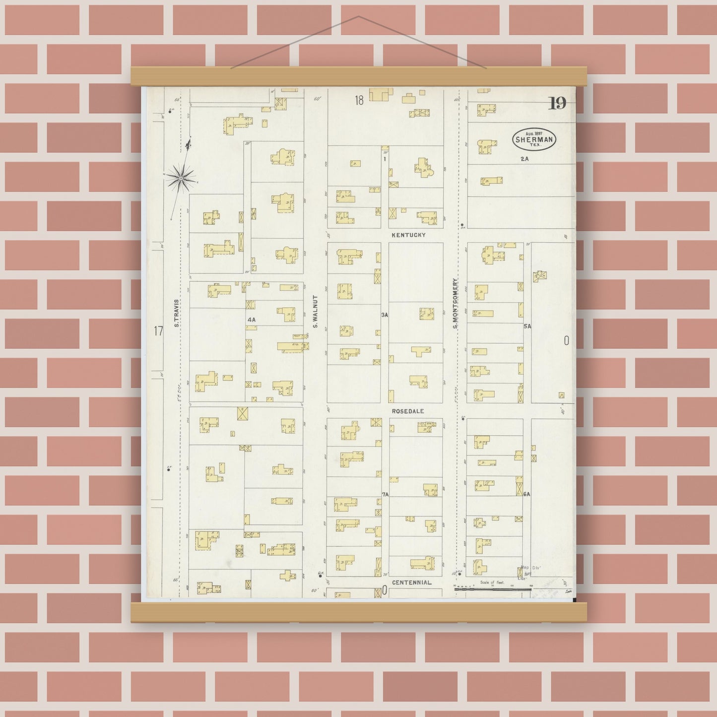 Old map wall art mockup — magnetic wood frame on brick wall — Sanborn Fire Insurance Map from Sherman, Grayson County, Texas (1897), Sheet #0019