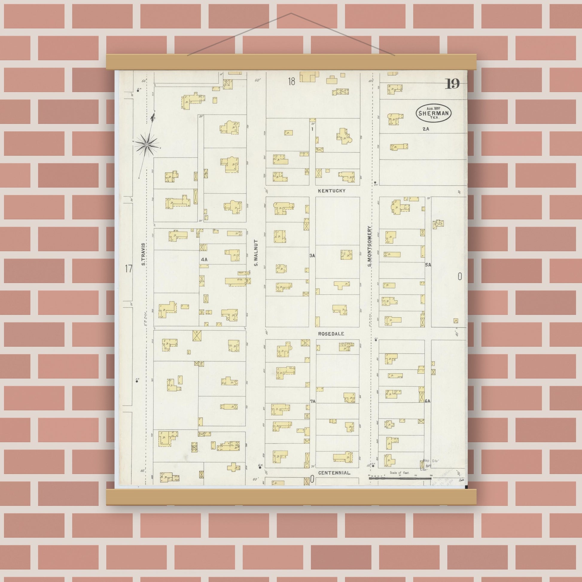 Old map wall art mockup — magnetic wood frame on brick wall — Sanborn Fire Insurance Map from Sherman, Grayson County, Texas (1897), Sheet #0019