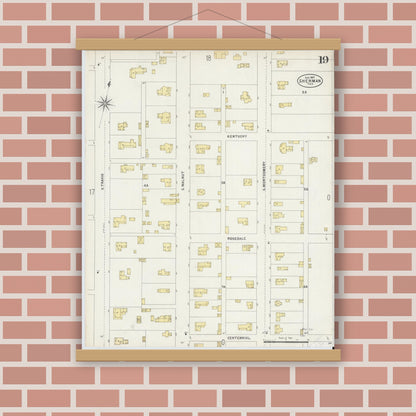 Old map wall art mockup — magnetic wood frame on brick wall — Sanborn Fire Insurance Map from Sherman, Grayson County, Texas (1897), Sheet #0019