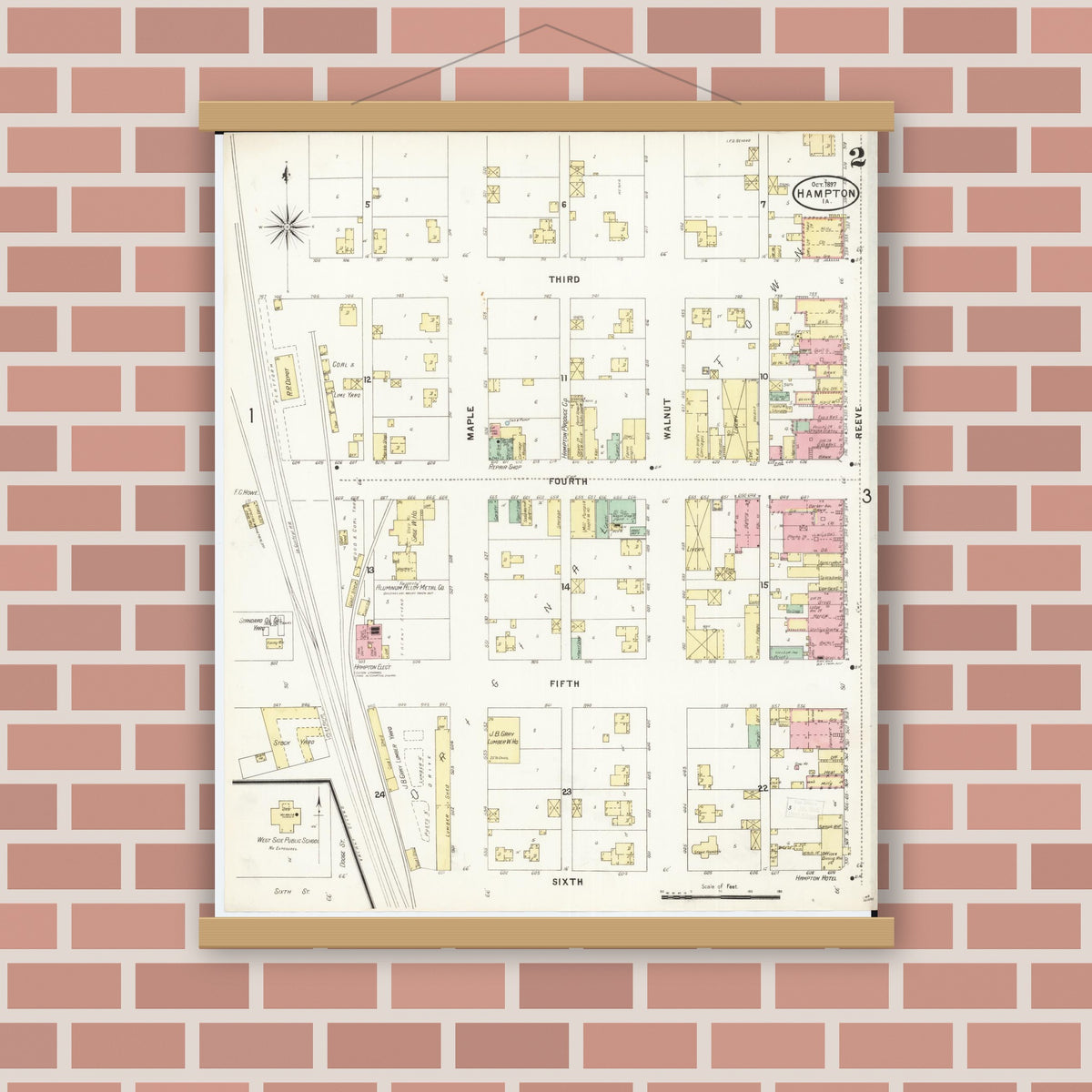 Old map wall art mockup — magnetic wood frame on brick wall — Sanborn Fire Insurance Map from Hampton, Franklin County, Iowa (1897), Sheet #0002
