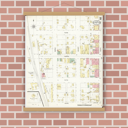 Old map wall art mockup — magnetic wood frame on brick wall — Sanborn Fire Insurance Map from Hampton, Franklin County, Iowa (1897), Sheet #0002