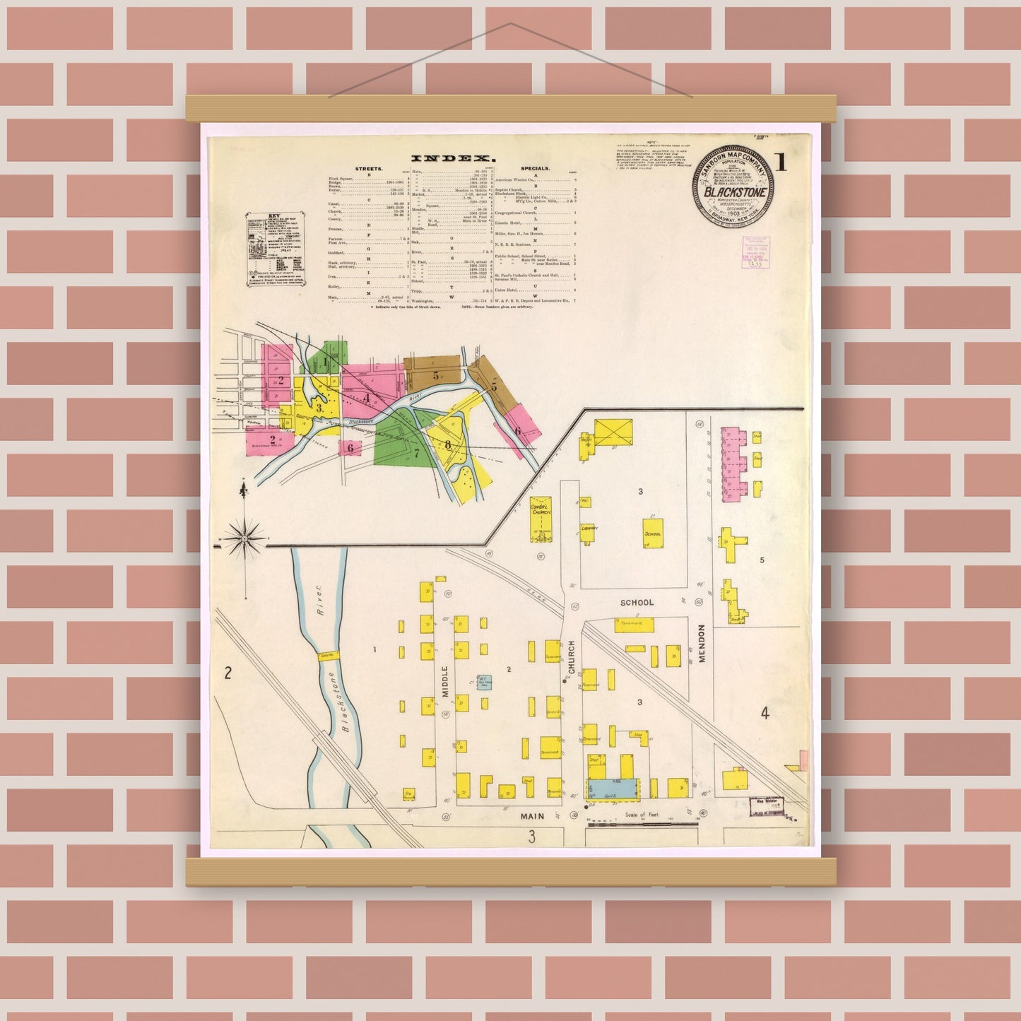 Old map wall art mockup — magnetic wood frame on brick wall — Sanborn Fire Insurance Map from Blackstone, Worcester County, Massachusetts (1903), Sheet #0001