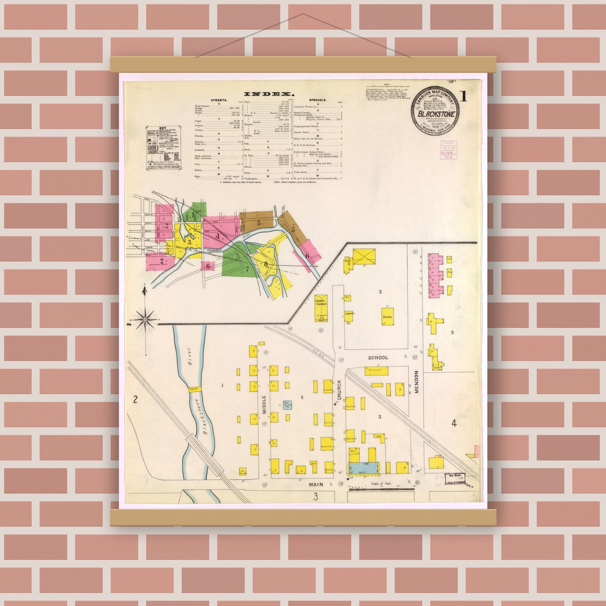 Old map wall art mockup — magnetic wood frame on brick wall — Sanborn Fire Insurance Map from Blackstone, Worcester County, Massachusetts (1903), Sheet #0001