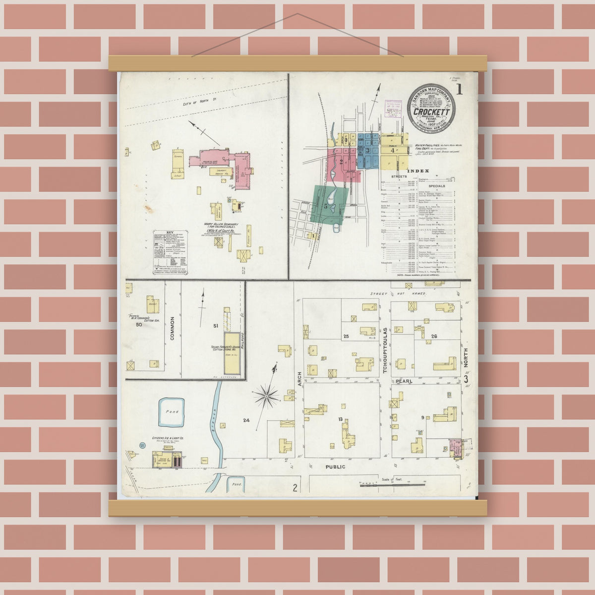 Old map wall art mockup — magnetic wood frame on brick wall — Sanborn Fire Insurance Map from Crockett, Houston County, Texas (1907) - Complete Map Set